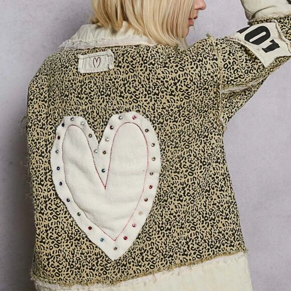 POL Colorblocked Twill Patch Studded Back Heart Jacket- Leopard - Picture 2 of 3